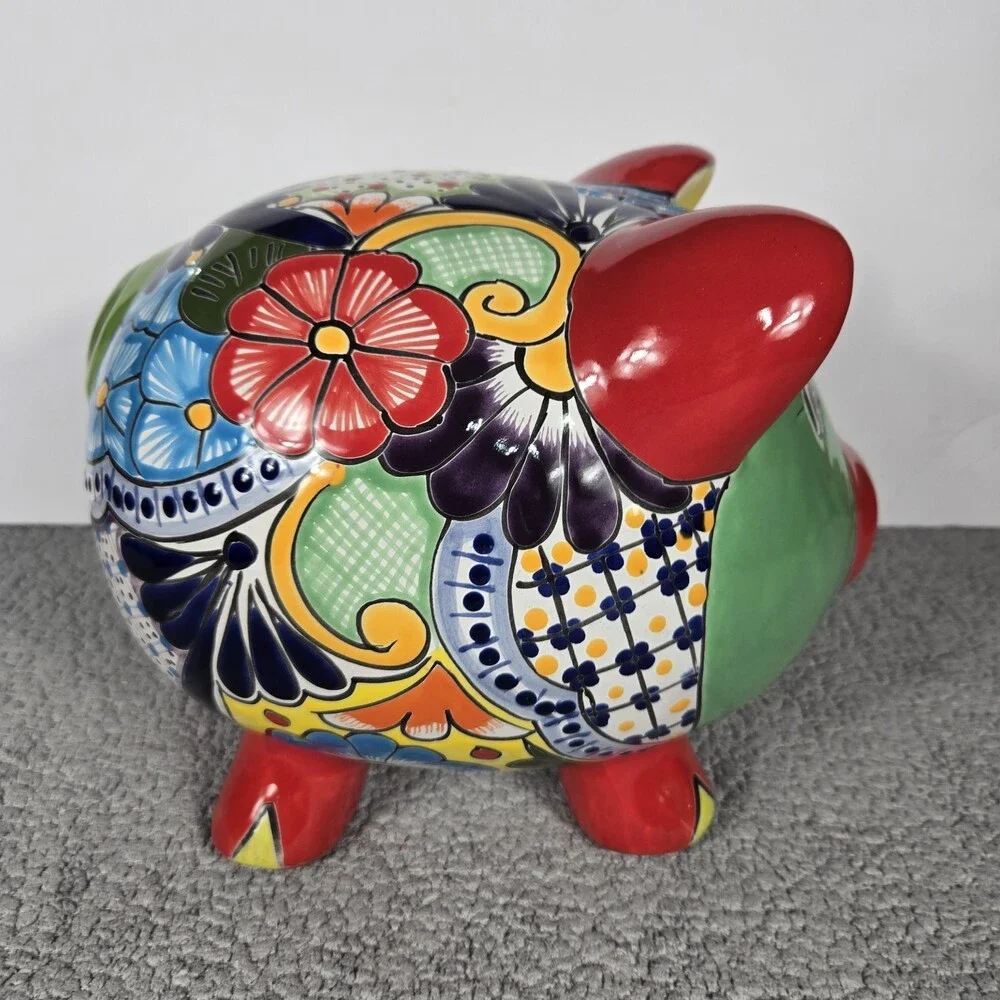 Talavera Piggy Bank Mexican Pottery Art Hand Painted 9.5 x 7.5 X 8 In